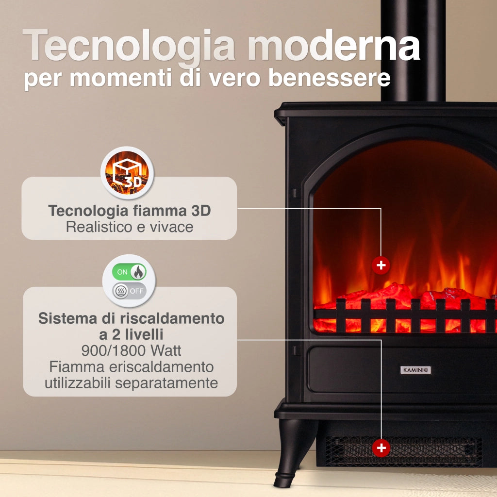 KAMINIO Camino elettrico LENI con tubo di scarico - Camino elettrico con riscaldamento, effetto fiamma 3D - Nero