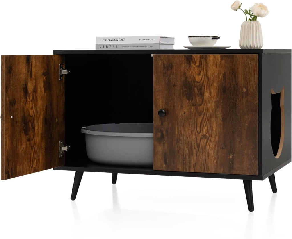 Mobile per Lettiera per Gatti, Casetta per Gatti con Divisore e 2 Ingressi a Forma di Testa di Gatto, Tavolino in Legno Versatile per Salotto, 80 x 50 x 57 cm, Marrone e Nero