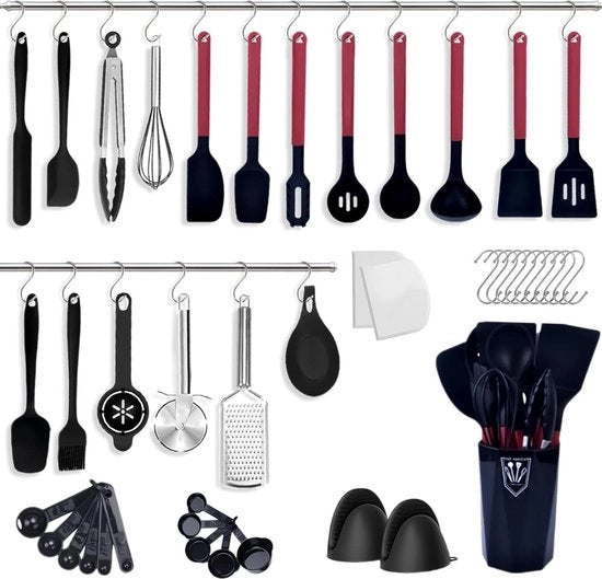 Cucchiaini per cucina con manico piano - 44 pezzi di cucchiaini per cucina in silicone - set di accessori per cucina in silicone - nero