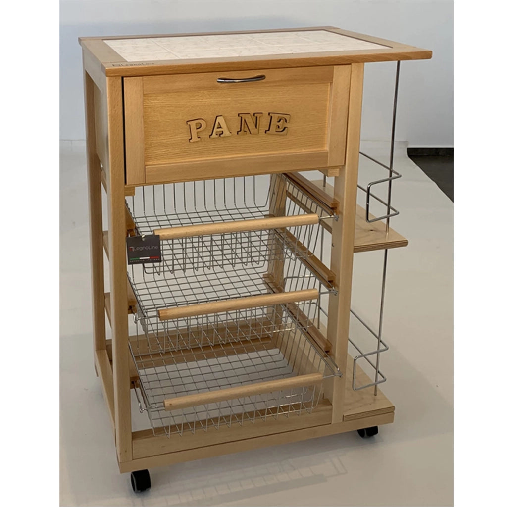 Carrello Cucina Salvaspazio In Legno Di Faggio Con Cassetto E Cesti Contenitori Portabottiglie Vino 4 Ruote Gir Naturale
