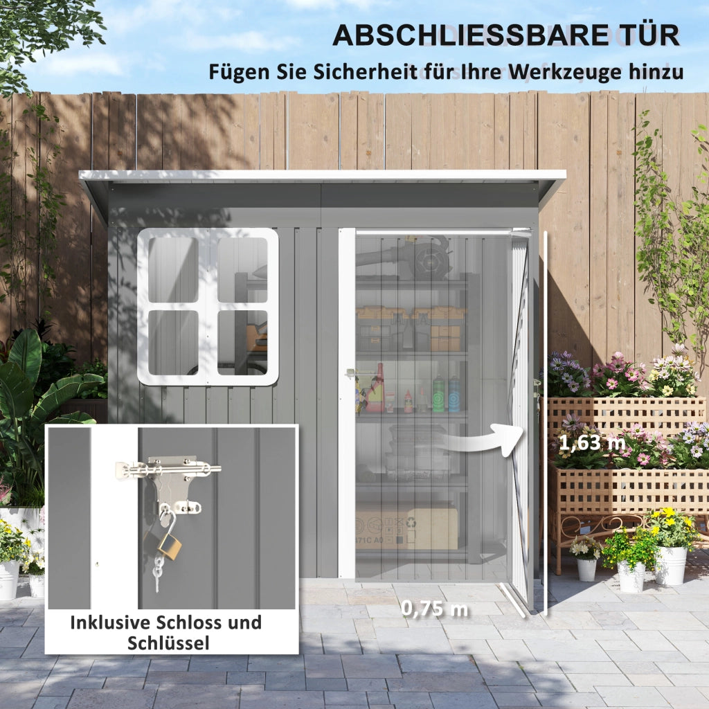 Capanno da giardino 2;55 m2; capanno da giardino con tetto a pendenza singola; 221 x 133 x 190/173 cm; capanno attrezzi con porta chiudibile a chiave; finestra; garage per biciclette; armadietto in acciaio; per giardino; giardino; grigio scuro