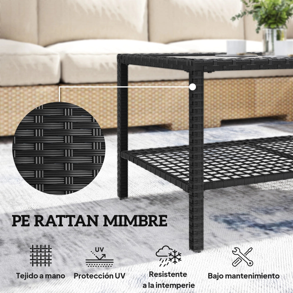 Tavolino da giardino in rattan con piano in vetro e struttura in acciaio ¨C Minimal ¨C Nero 92x50x45 cm