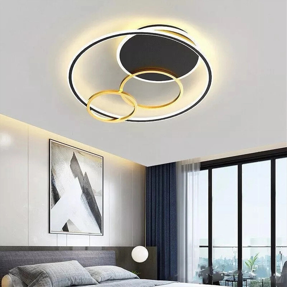 Trade Shop - Plafoniera Led 55w Tondo Con Cerchi Nero Oro Lampada Da Soffitto Luce 4000k 70876 -