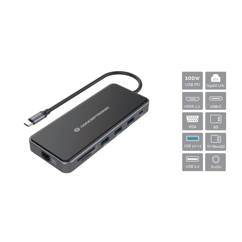 CONCEPTRONIC DONN15G - DOCKING STATION 12-IN-1 USB-C (M) 3.2 / HDMI, VGA, USB-C DATA, USB 3.0, USB 2.0, SD, TF/MICROSD, AUDIO, GBE, 100W USB PD