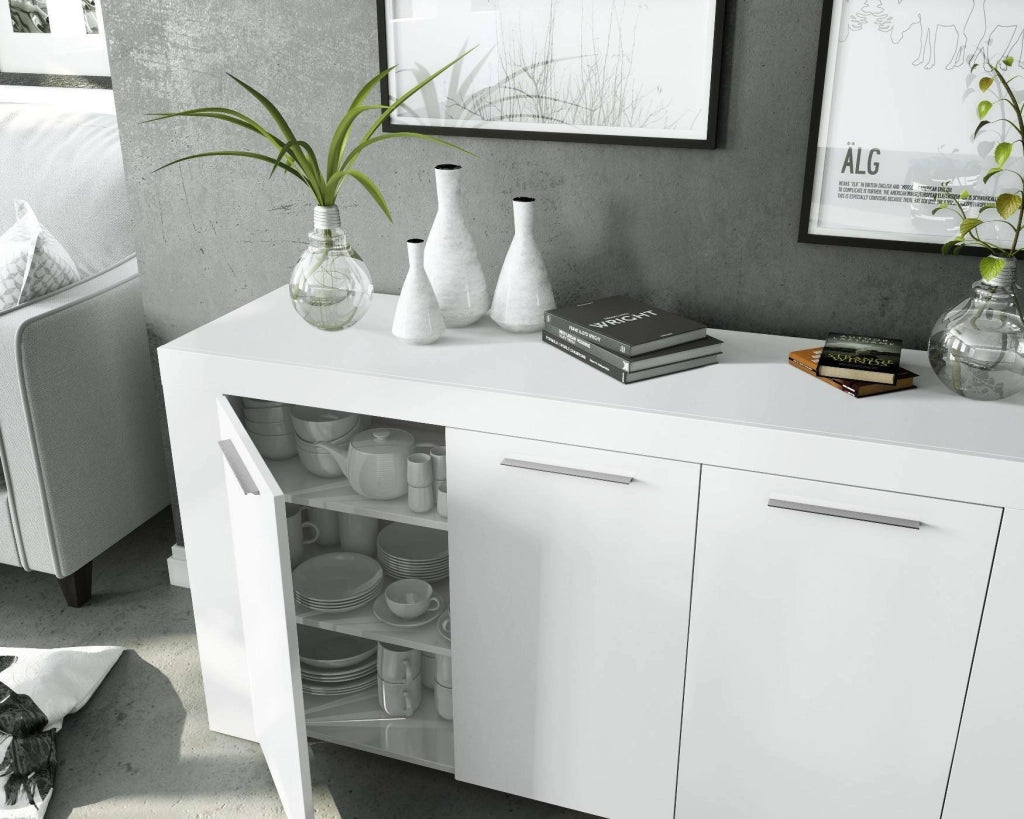 Credenza Amaculi, Madia moderna a 3 ante, Buffet da soggiorno, Mobile porta TV, Madia per salotto, cm 144x42h80, Bianco