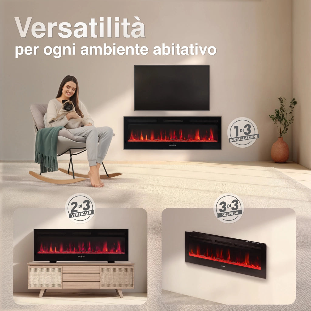 KAMINIO Camino elettrico MARLON - Camino elettrico 3 in 1 con riscaldatore, effetto fiamma 3D, 12 colori di fiamma, telecomando - 60 pollici