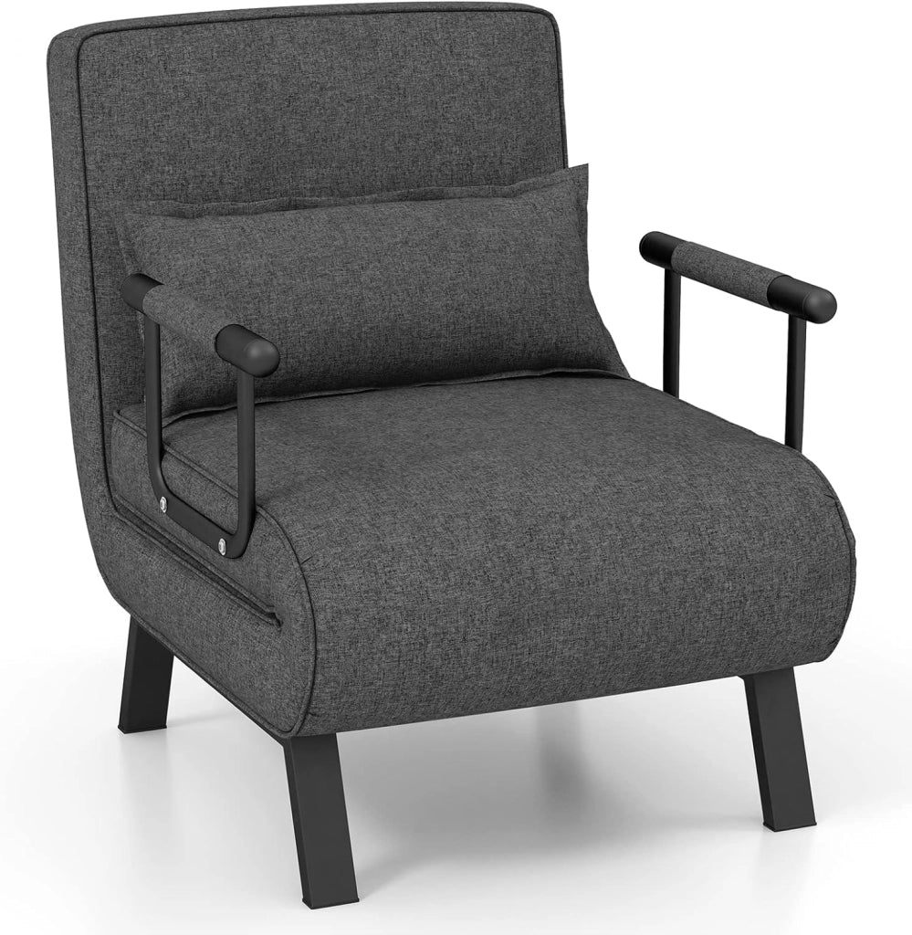 4 in 1 Poltrona Letto Singolo, Poltroncina Pieghevole con Schienale Regolabile in 6 Posizioni, Sedile Imbottito Robusto, Divano Letto per Casa Ufficio, 79x65x79 cm (Grigio scuro)