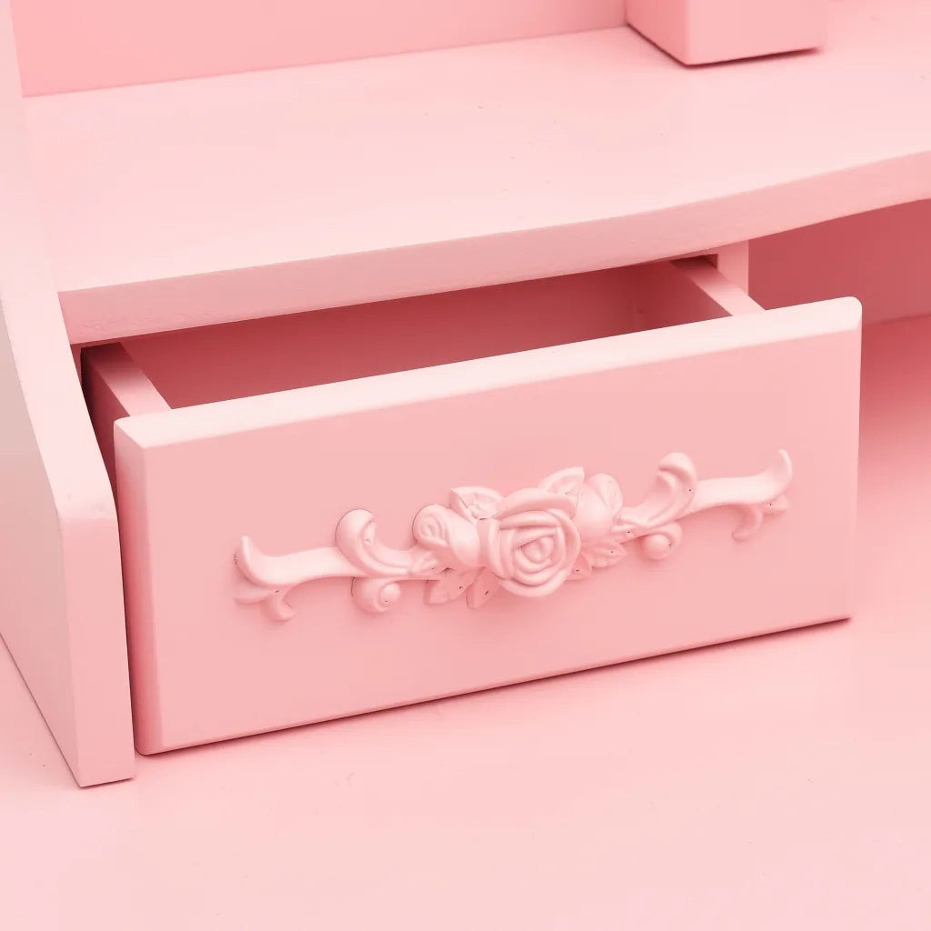 Toeletta | Tavolo da Trucco con Sgabello e Specchio Pieghevole in 3 Rosa
