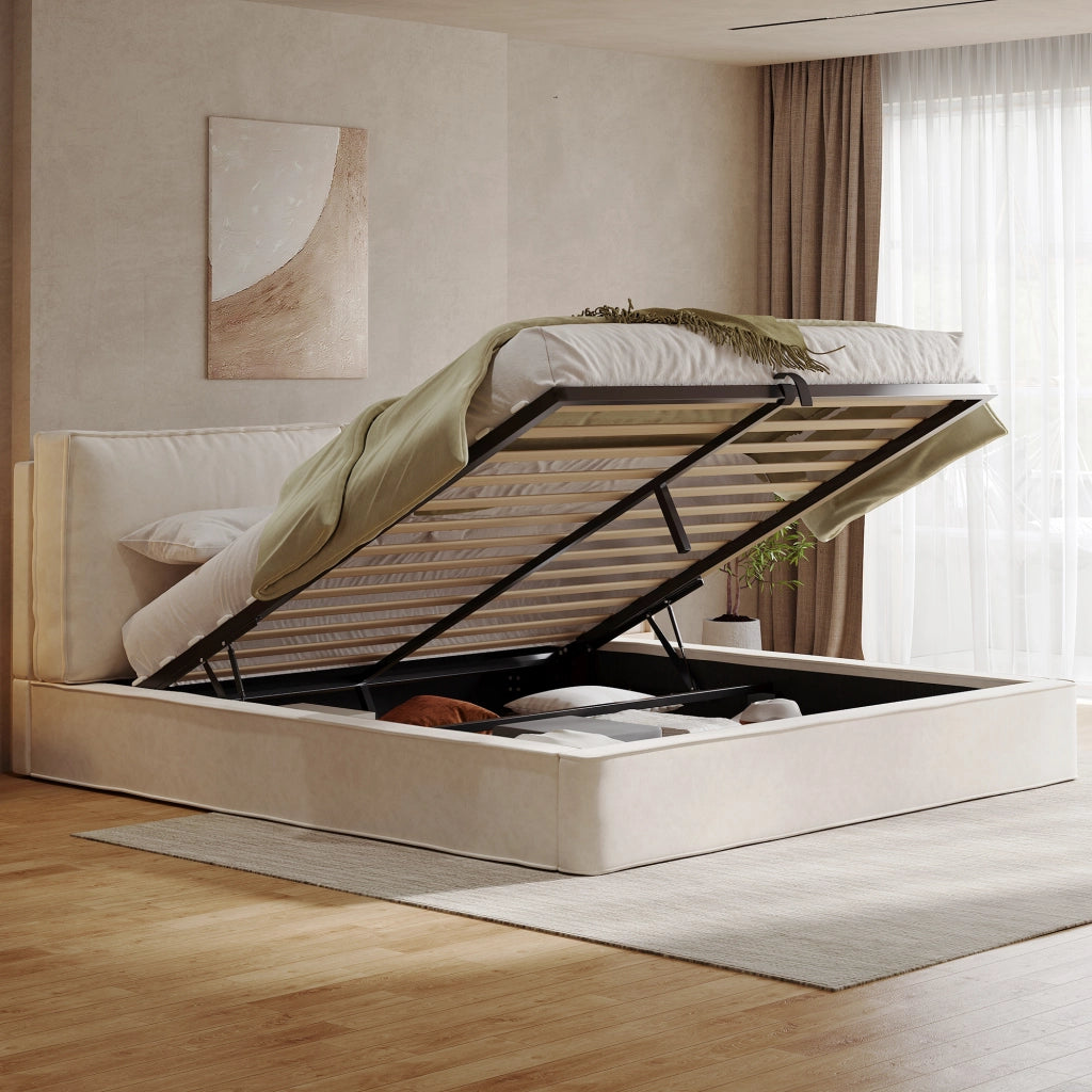Letto matrimoniale contenitore 180 × 200 cm, testiera imbottita e vano idraulico, senza materasso, ciniglia beige