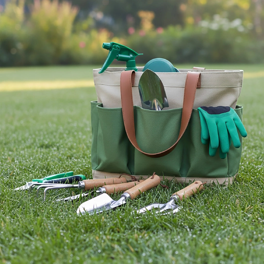 Set Attrezzi da Giardinaggio 10 Pezzi  – Kit Completo con Paletta, Trapiantatore, Forchetta, Rastrello, Forbici da Potatura, Guanti, Spruzzino e Ginocchiere – Attrezzi Giardino con Manico Ergonomico