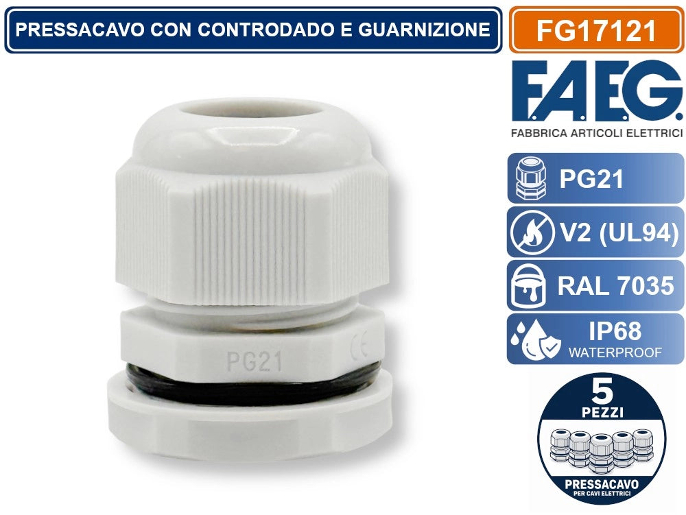 CONFEZIONE 5 PEZZI FAEG FG17121 PRESSACAVO IN NYLON PASSO PG21 GRIGIO RAL 7035 IP68