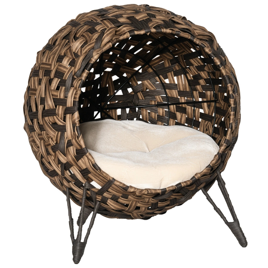 Cuccia per Gatti in Rattan con Cuscino Morbido Casetta Rialzata Robusta per Casa e Interno Marrone Ø52 x 58 cm