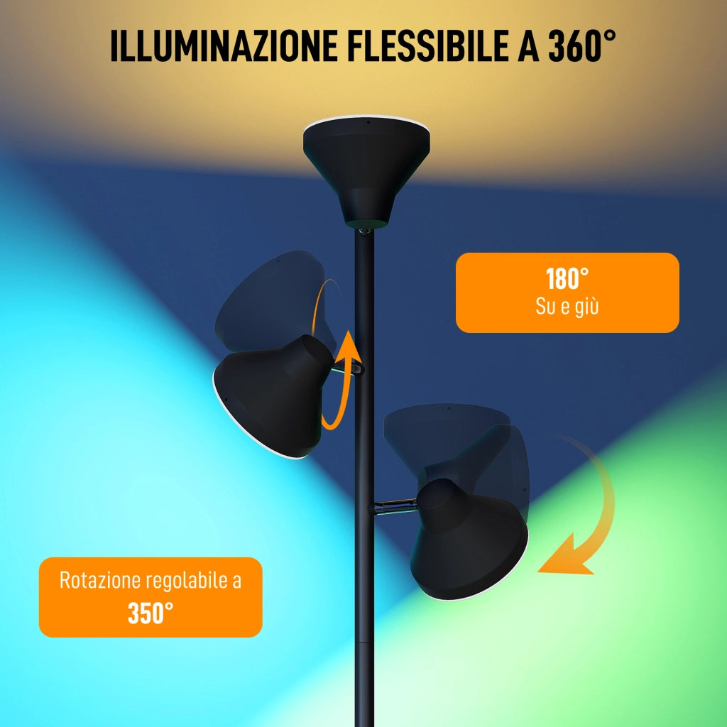 Lampada da Terra con 3 Teste Regolabili Indipendenti. Telecomando e Timer. in Acciaio e Plastica. ?25x170 cm. Nero