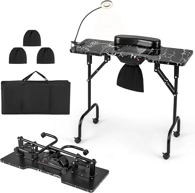Tavolo per Manicure Pieghevole con Aspiratore Elettrico, Tavolo per Unghie Portatile con Luce LED, Cuscino Poggia Polso Clienti, Borsa e 4 Ruote Bloccabili (Nero)