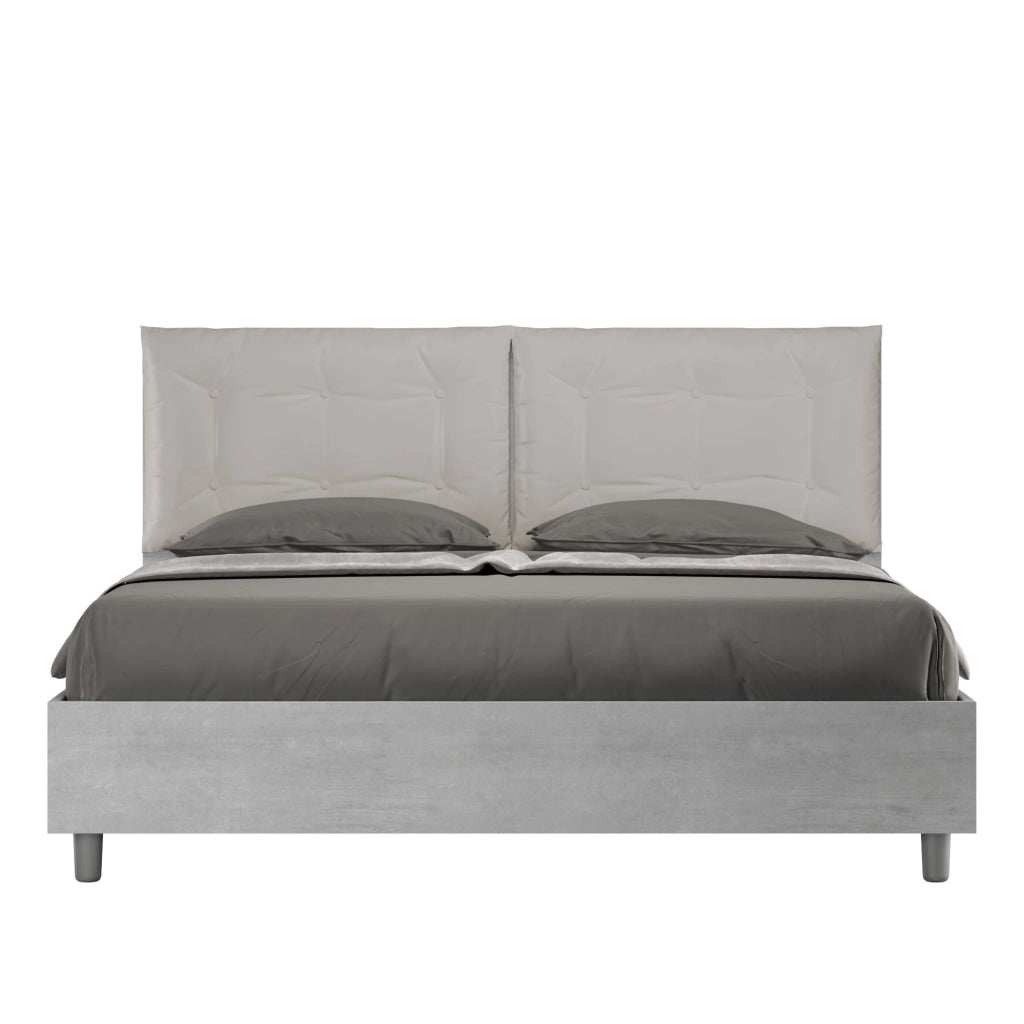 BS COM Letto matrimoniale contenitore 160x190 cemento cuscini similpelle tortora