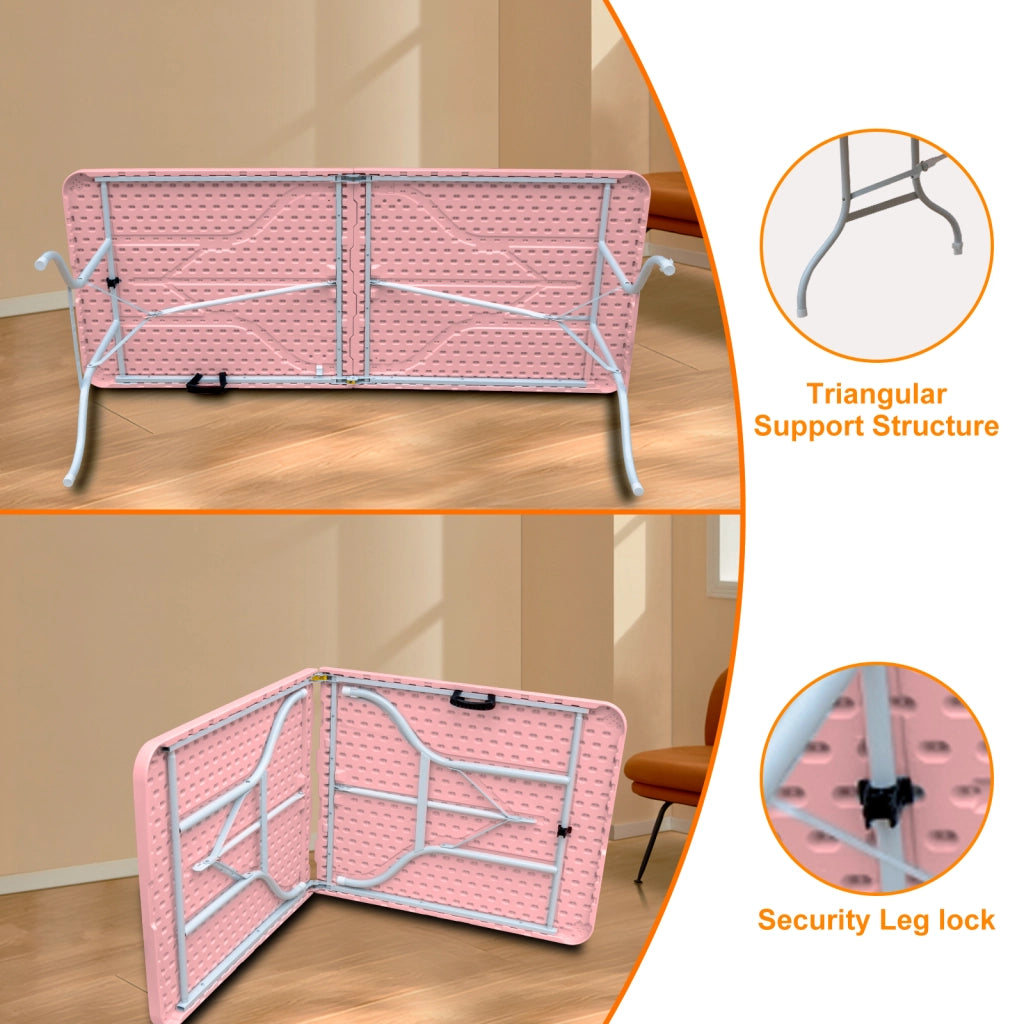 Tavolo pieghevole portatile pesante da 180 cm con maniglia; tavolo pieghevole; tavolo pieghevole multifunzionale per feste picnic in campeggio all'interno e all'aperto; capacità 135 kg (pink)