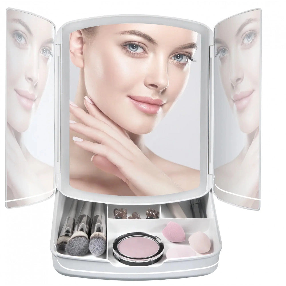 Trade Shop - Specchio Make Up Con Luci Led Cassetti Per Trucco Regolabile Pieghevole 720013 -