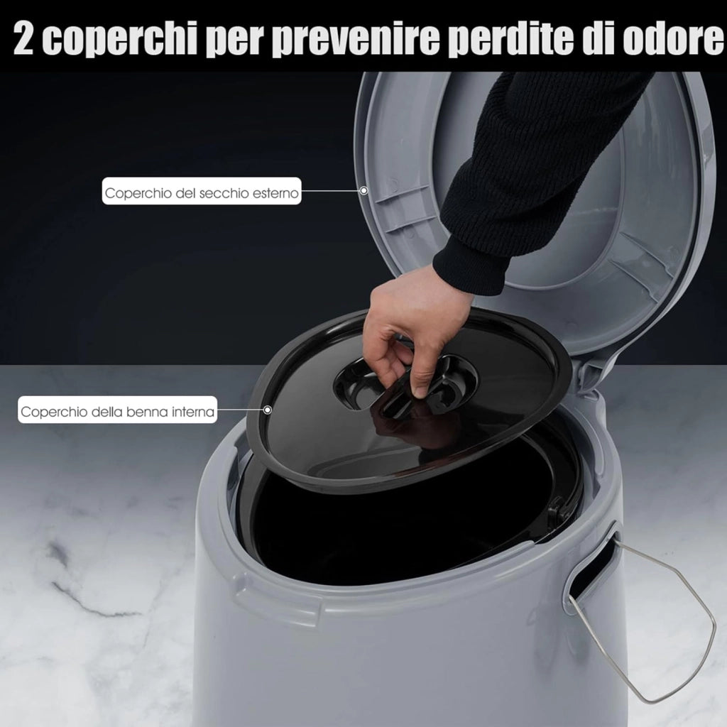 Toilette Portatile WC Chimico, WC da Viaggio Leggero con Secchio Interno Rimovibile,Water Portatile per Adulti e Anziani con Portarotolo, Supporto Carico 200 kg, 41 x 49 x 34 cm (Grigio)