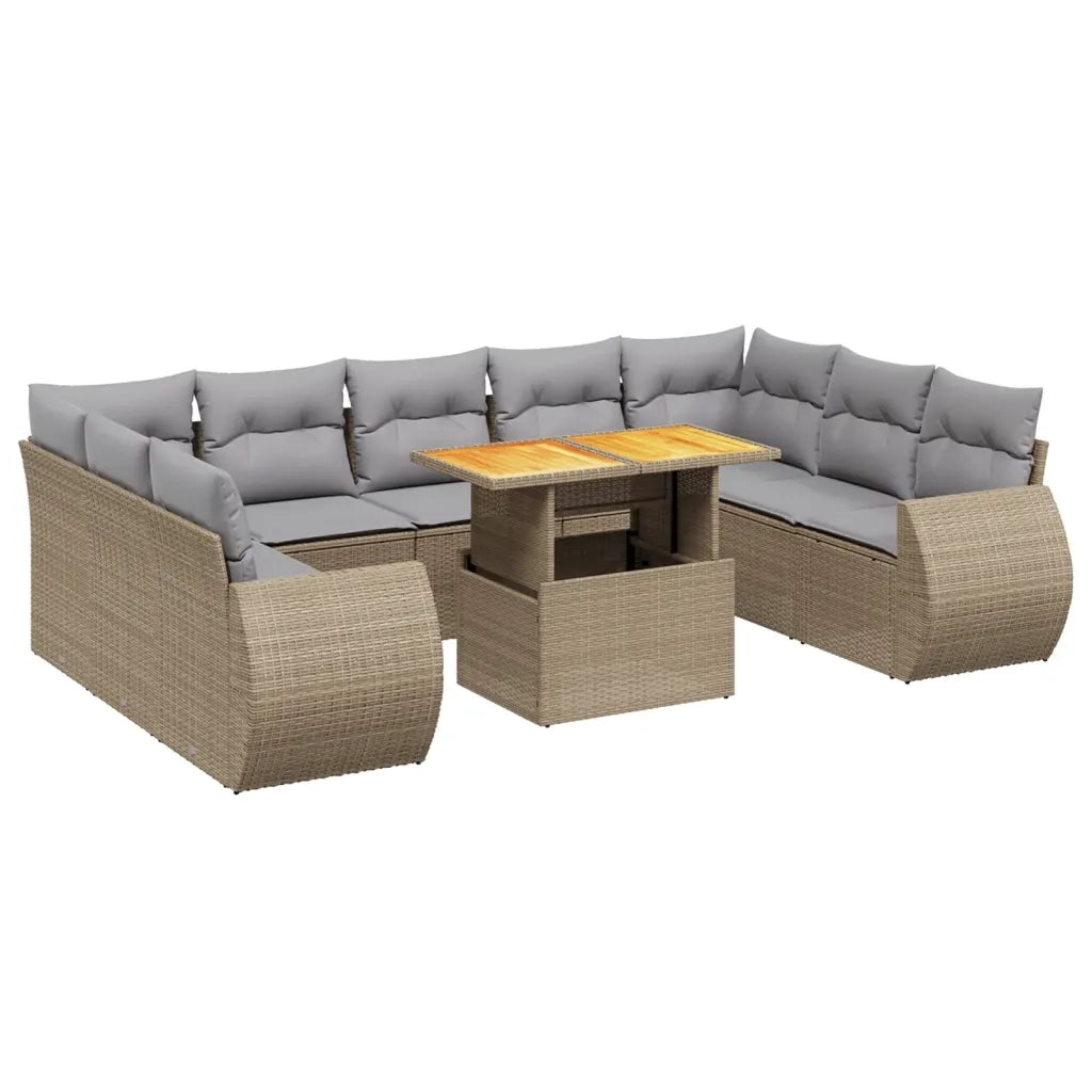 Set Divano da Giardino 10 pz con Cuscini Beige in Polyrattan