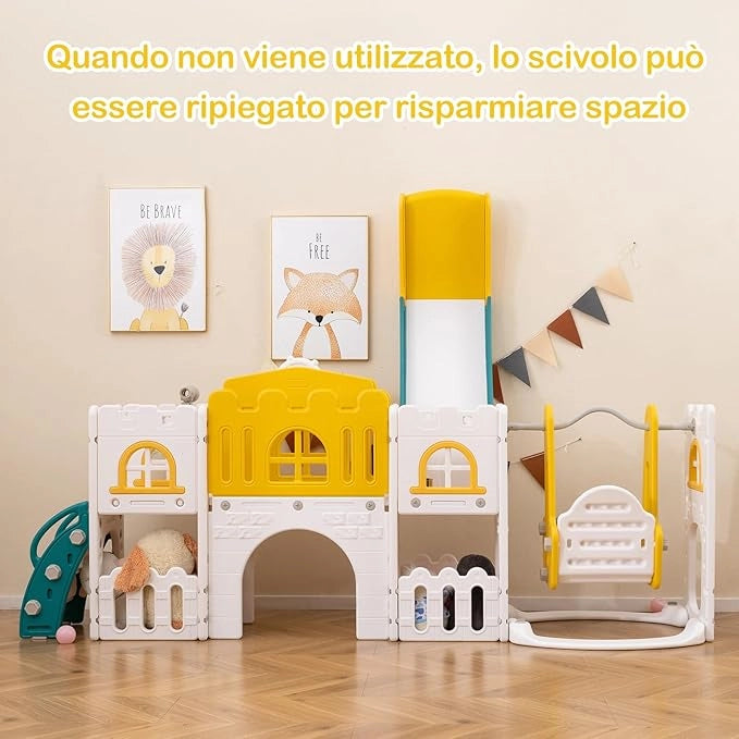 10 in 1 Parco Giochi per Bambini, Set Altalena e Scivolo con Canestro da Basket Telescopio Volante, Palestra da Gioco per Bambini 1 Anni + (Giallo)