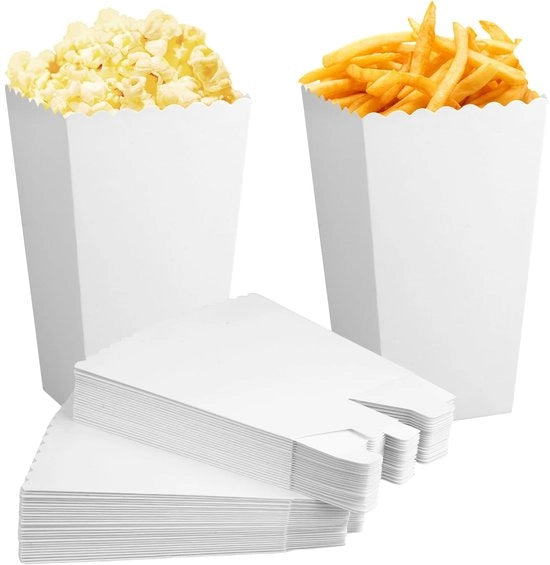 Confezioni di Popcorn 50 pezzi - Bianco 5 x 7,5 x 11,5 cm - Dozzine di Popcorn in Carta - Scatola di Snack per Feste - Progettata per Inclinare - Prodotto Portatile per Vendita Ambulante