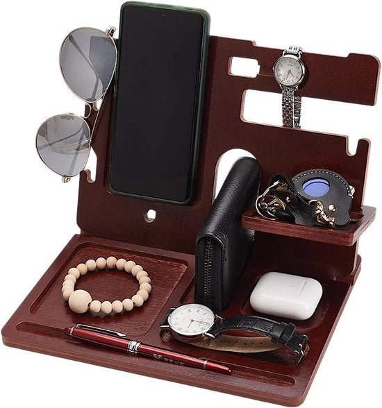 Piastra di Caricamento in Legno 19x25x22cm - Organizzatore da Notte per Tavolo di Caricamento - Organizzatore di Caricamento per Telefono da Notte - Piastra di Caricamento in Legno Rustico per Telefono, Orologio e Occhiali da Sole