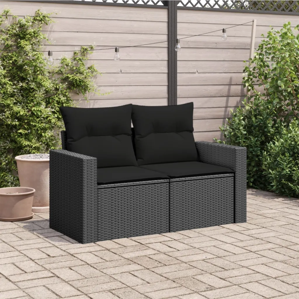 Divano da giardino con cuscini 2 posti nero in polyrattan 365989