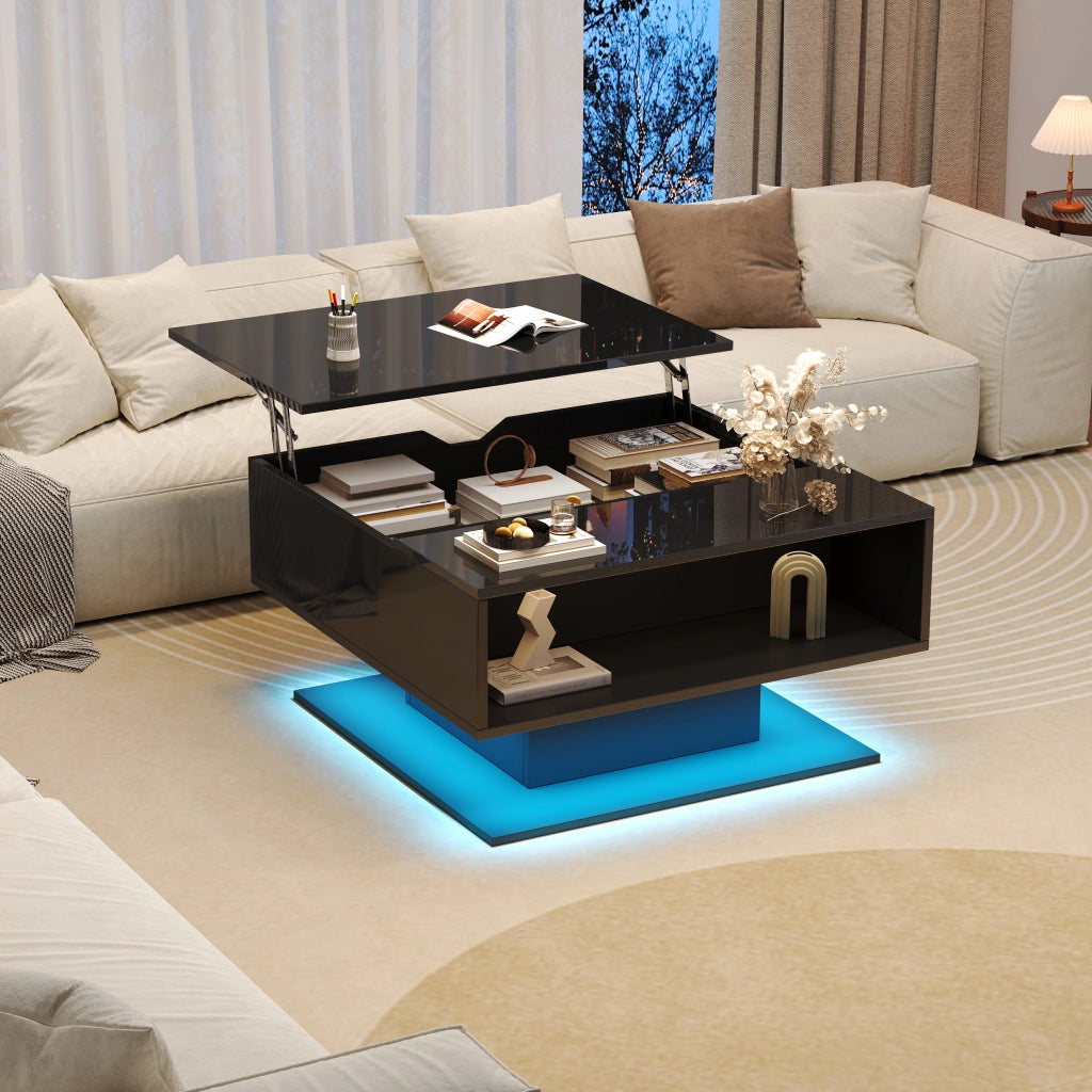 OKWISH Tavolino da Salotto Alzabile con Vano Contenitore e Spazio Semiaperto, LED, per Soggiorno, Pannello di Particelle, Nero, 80 x 75 x 40 cm