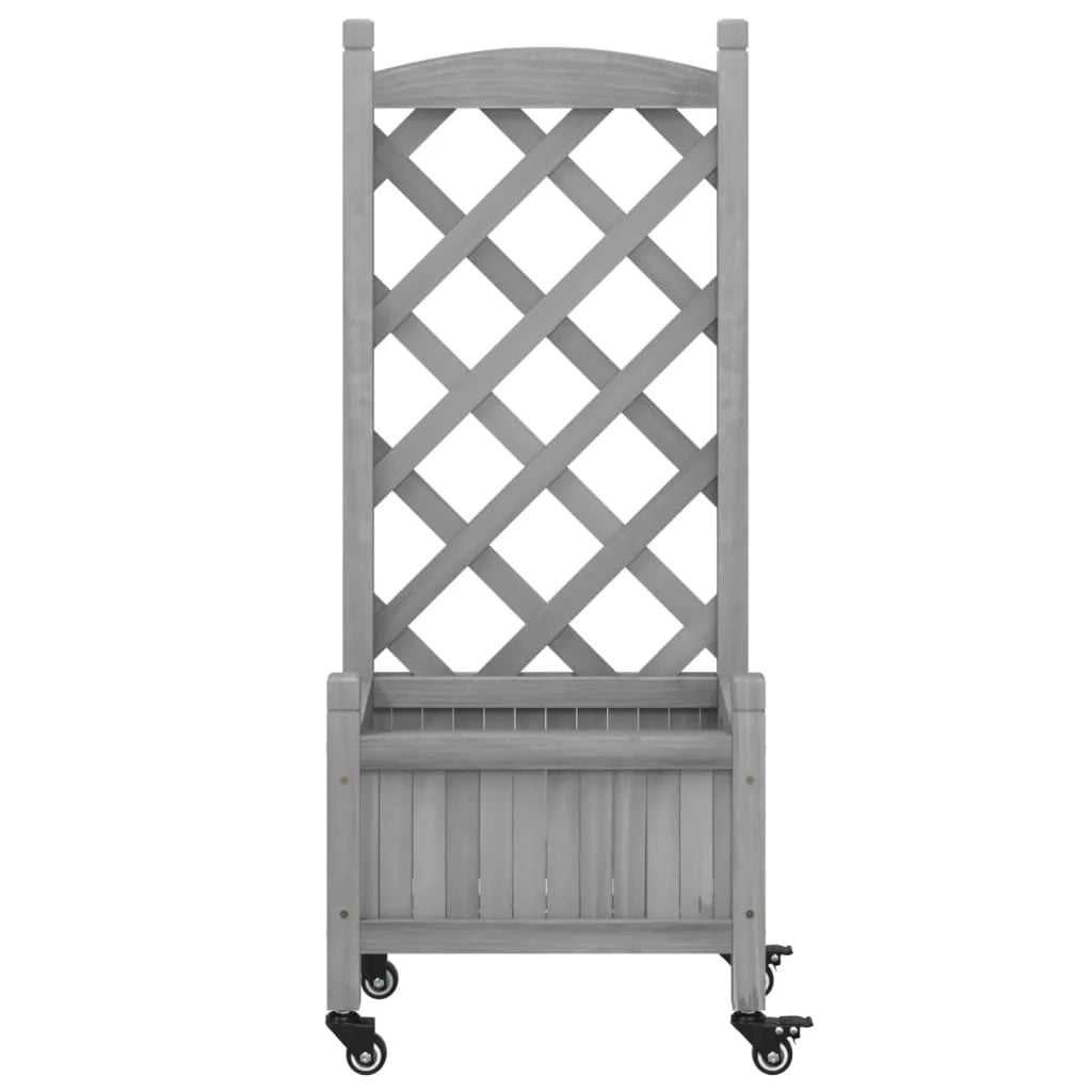 Portafioriera aiuola rialzata piante fiori terrazza giardino con traliccio e ruote legno massello di abete grigio 02_0038367