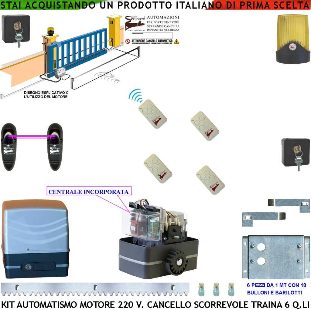 KIT AUTOMATISMO CANCELLO SCORREVOLE DA 6 MT MOTORE 220 V CON CENTRALE TRAINA 6 Q.LI 4 RADIOCOMANDI FARO ANTENNA 2 SELETTORI FOTOCELLULE
