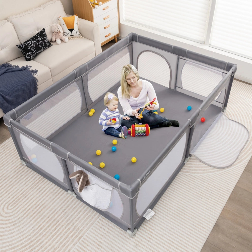 Recinto bambini con rete traspirante tasca portaoggetti apertura a cerniera, Box giochi per neonati Grigio scuro