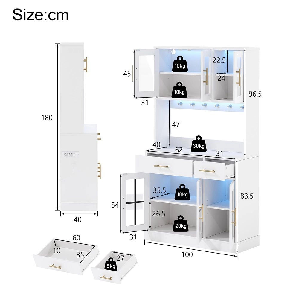 Buffet cucina con LED e presa - Xylo - 180x100 - Bianco - 6 porte 2 cassetti