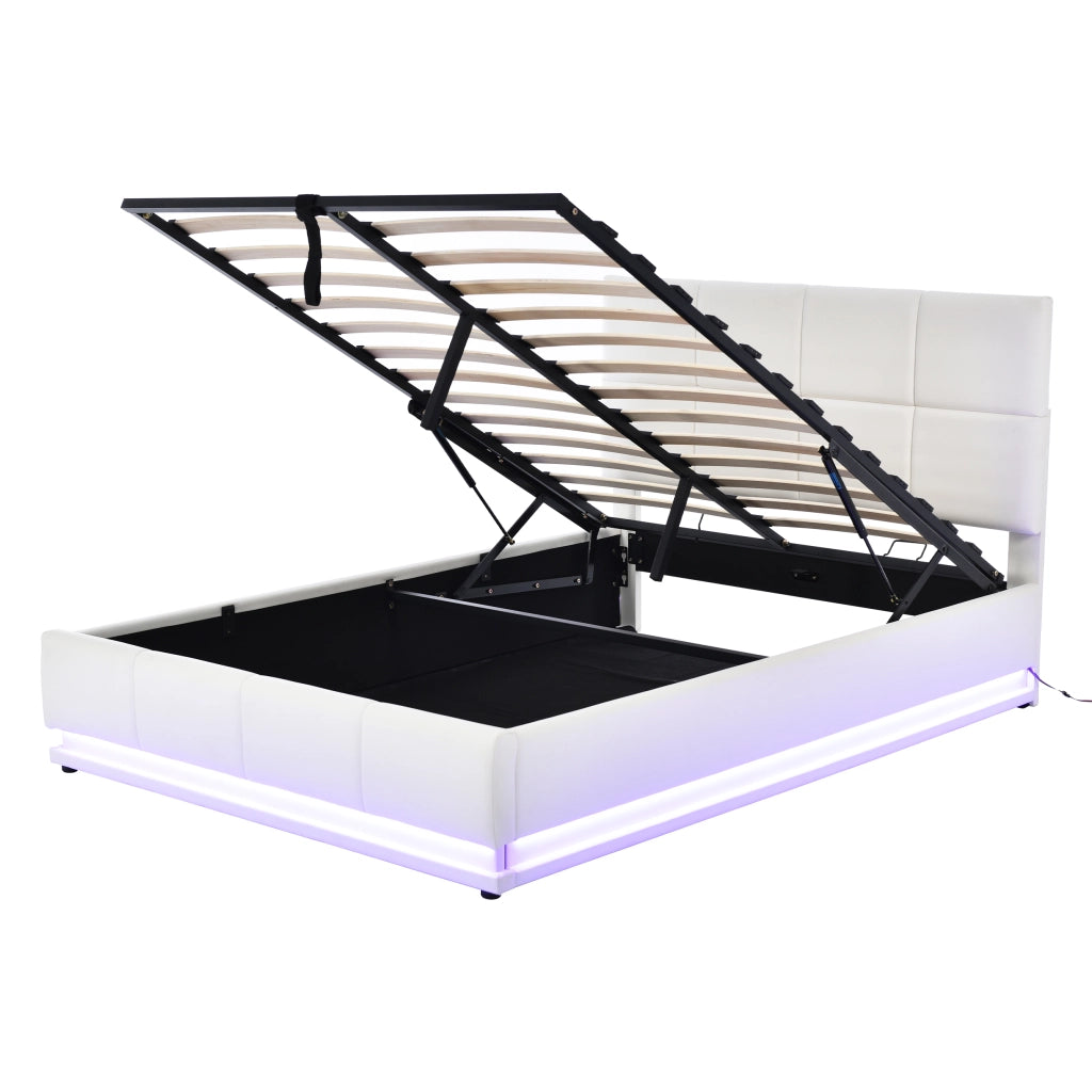 Letto doppio imbottito 140x200cm con luce LED e riporto sotto il letto bianco