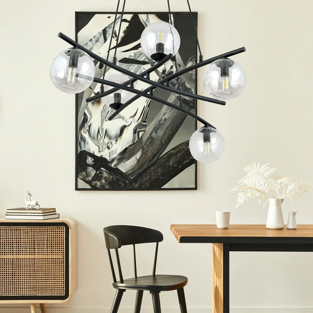Lampadario Moderno Cadmo Acciaio Nero Trasarente 5 Luci E14 Ip20