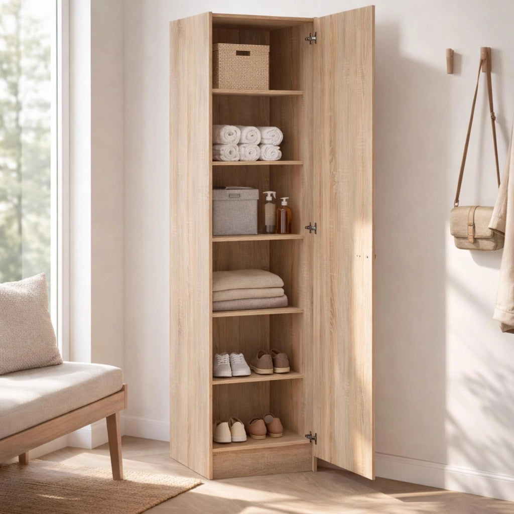 Colonna Armadio Bagno Con 1 Anta E 4 Ripiani Regolabili Mobile Salvaspazio Alto Design Moderno Semplice Per Ingresso Corridoio Ripostiglio Con Maniglia In Metallo Argentata 200 X 47.1 X 49.2 Cm Rovere