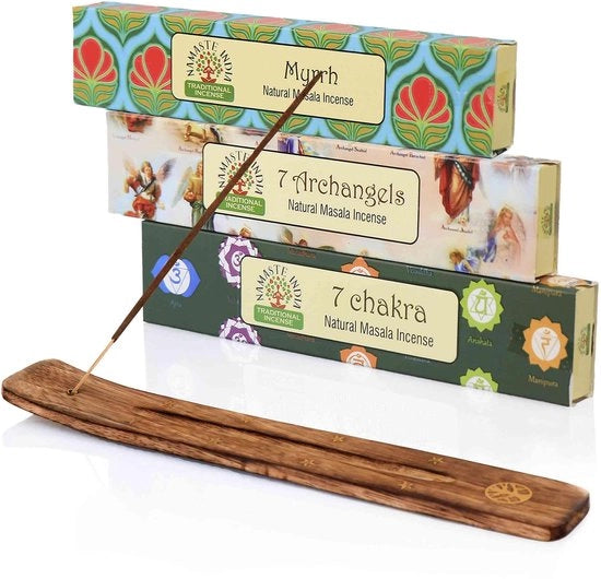 Set di Stocchi di Incenso 3 Tipi - 7 Chakra/7 Arcangeli/Mirra - Supporto in Legno - Aromaterapia Spirituale - Fatto a Mano, Naturale - Incenso