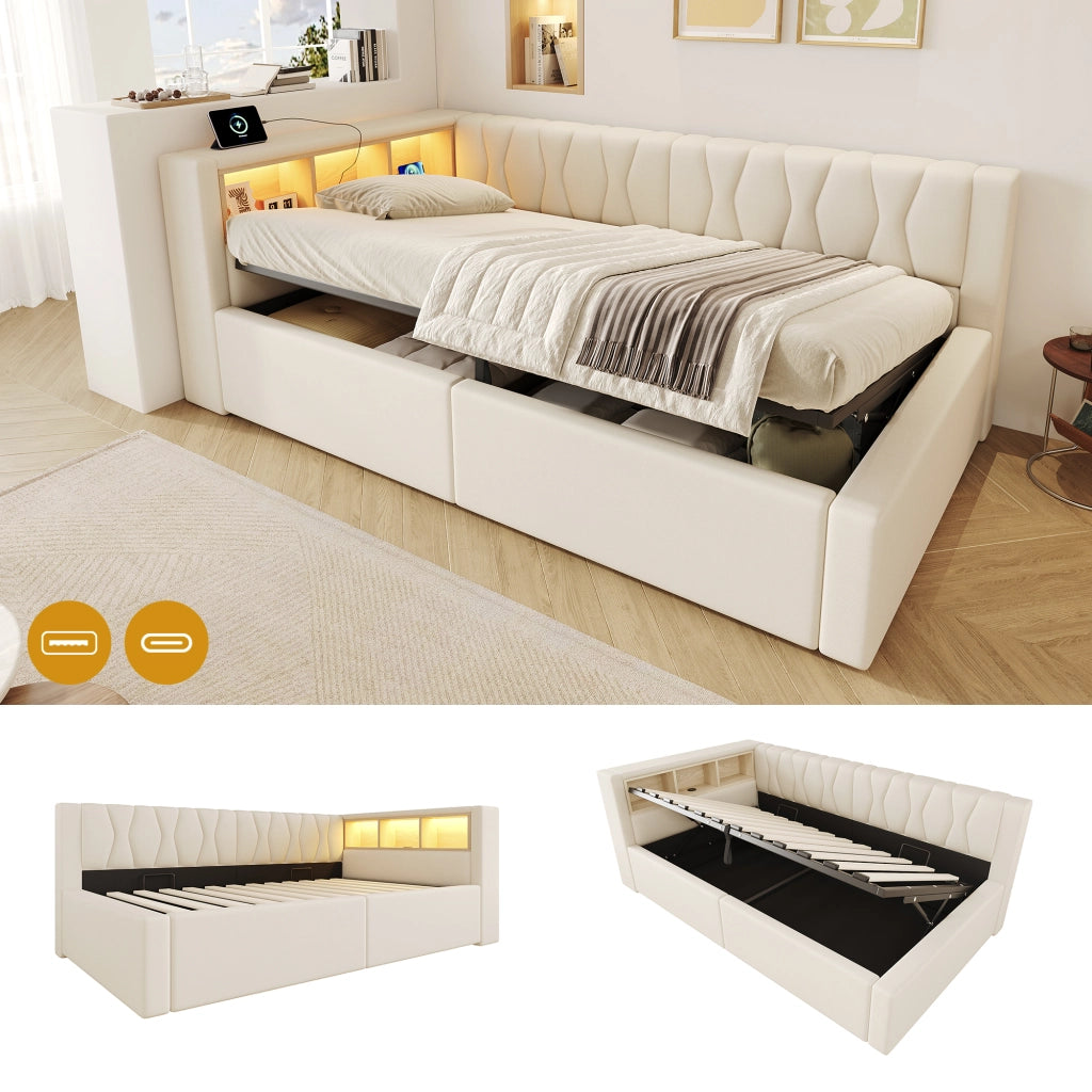 Letto contenitore 90x200 cm con LED dimmerabile; testiera con ripiano e prese USB; beige