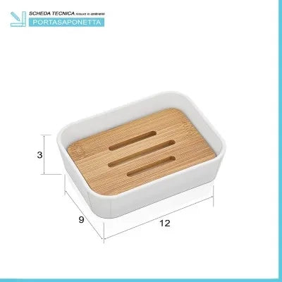 Portasapone in finitura bianca opaca con inserti in bambù