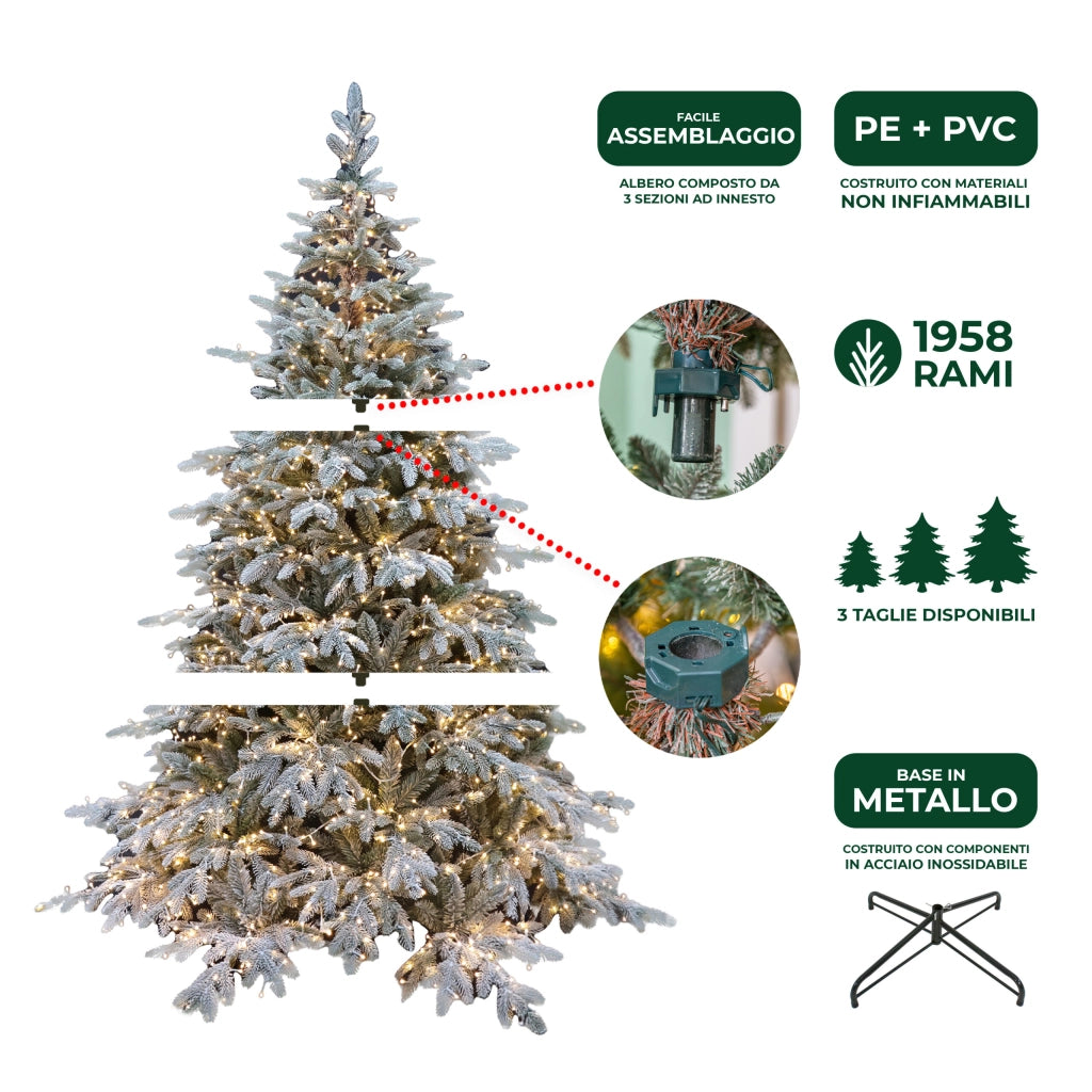 Albero di Natale Pino Verde Innevato Le Stelle St. Moritz H 180cm x L 130cm Super Folto Effetto Real-Touch con 2000 Luci Led Incorporate 1958 Rami