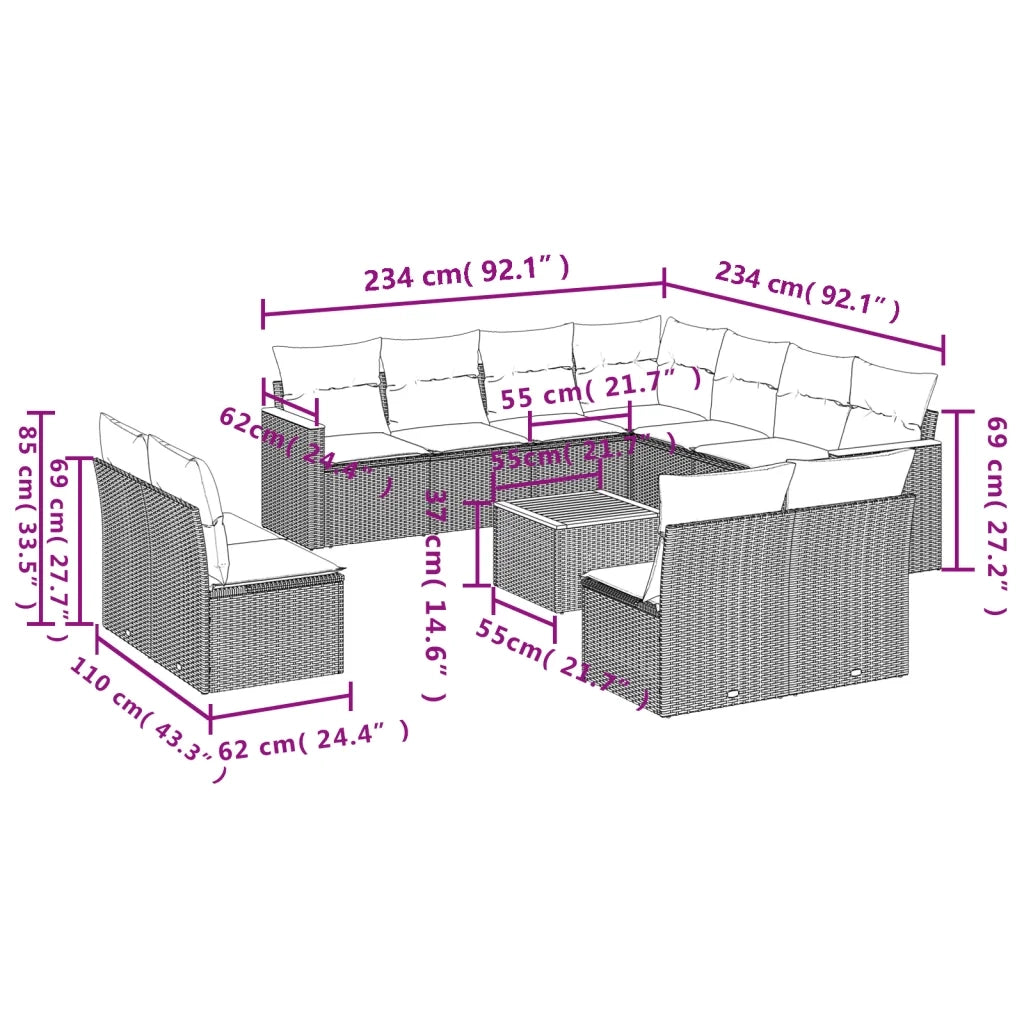 Set Divani da Giardino 12 pz con Cuscini Nero in Polyrattan 3258493