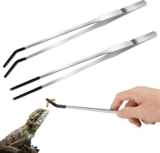Pacco di 2 Fusti in Acciaio Inossidabile per Alimentazione di Rettili con Punta in Gomma per Gechi, Incluso Pinza Lunga 26,7 cm. Accessori per Rettili Robusti