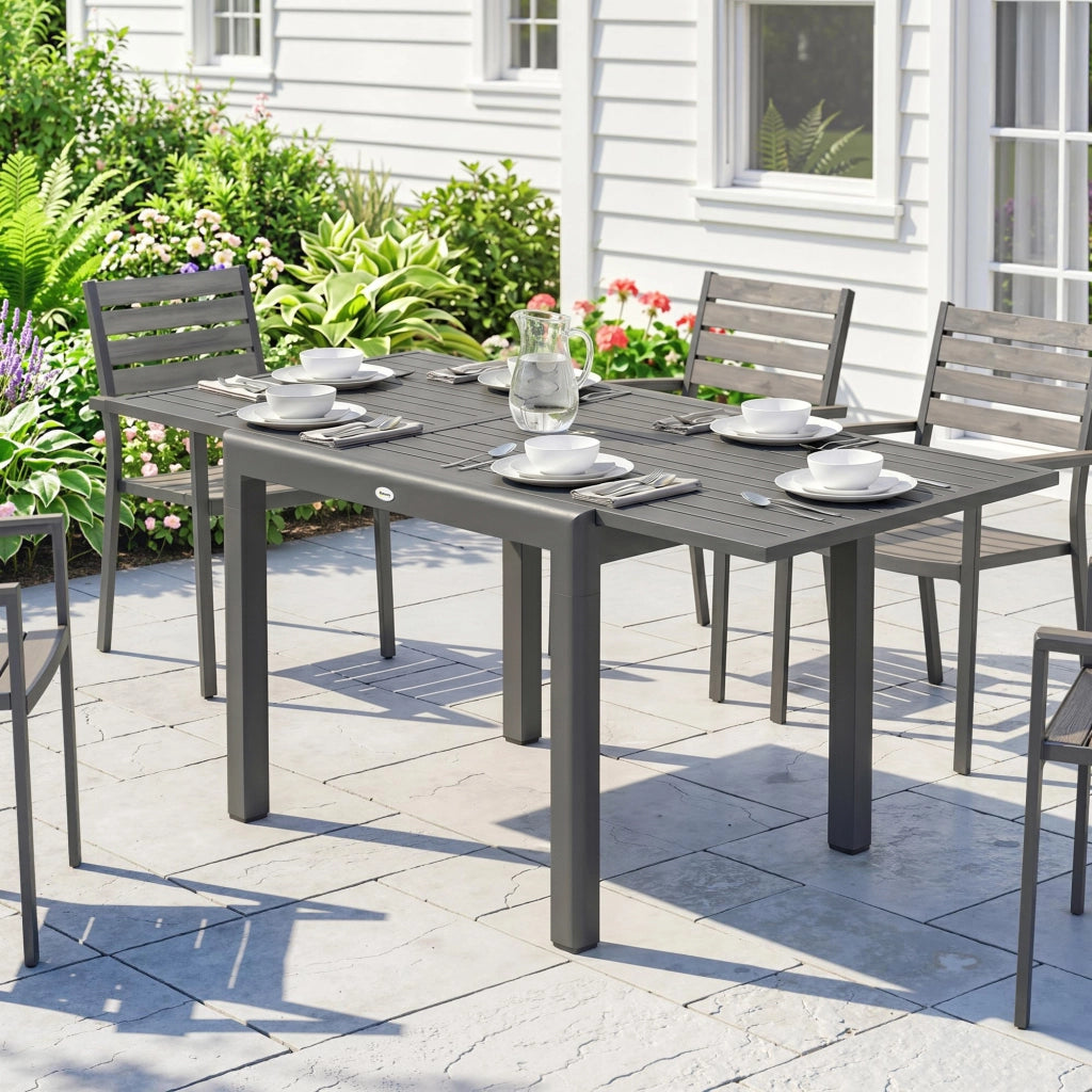 Tavolo da Giardino Allungabile per 6-8 Persone con Piano a Doghe, in Alluminio, 110-170x90x75 cm, Grigio Scuro