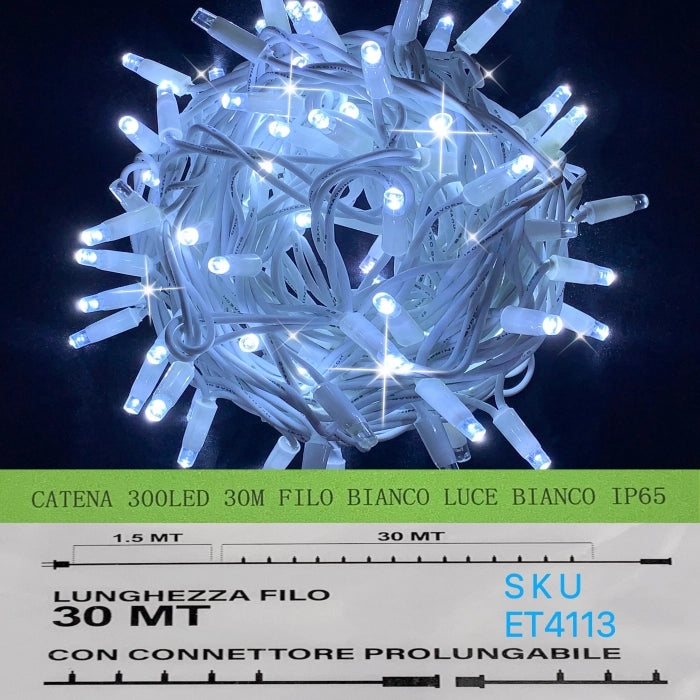 Catena Luminosa Natalizia 300 LED 30 Metri Bianco Ghiaccio 6500K Filo Bianco IP65 Raccordabile ET4113