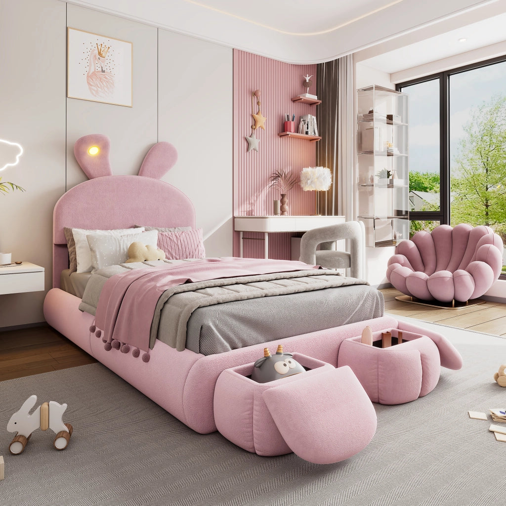 Bunny Kids Bed;90x200 cm;with adjustable LED lights;stools;pink velvet