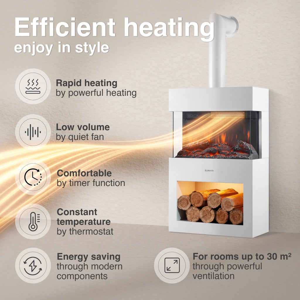 KAMINIO Camino elettrico HENRI con tubo del camino - Stufa elettrica riscaldamento, fiamma 3D, luce ambiente, scomparto de legno, telecomando - Bianco