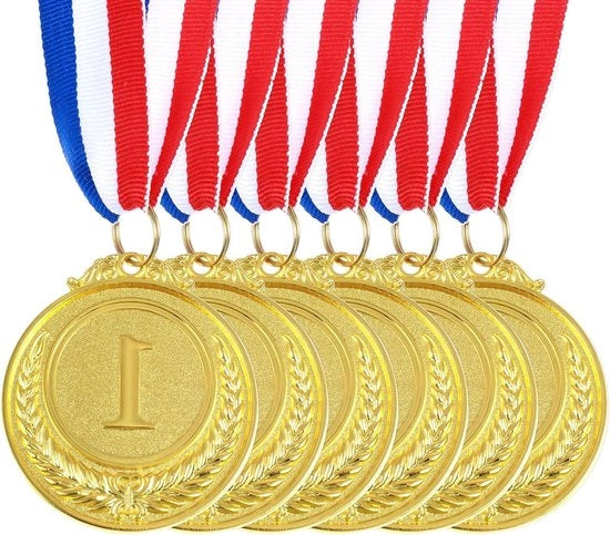 Medaglie Vincitrici 1° Classifica - Set da 6 - Medaglie d'oro con nastro rosso, bianco e blu