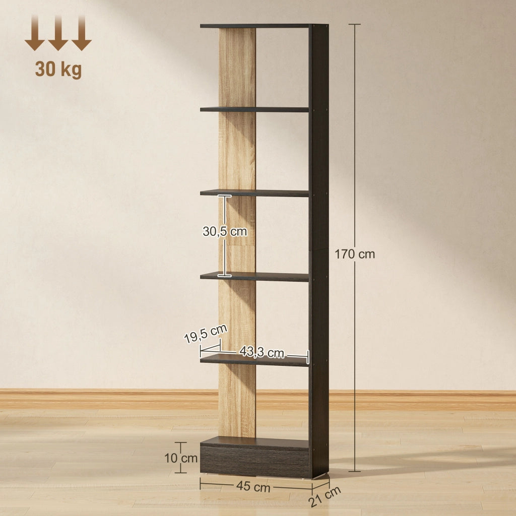 Libreria 5 Ripiani Aperti ¨C Xylo ¨C Nero e Rovere 45x21x170cm