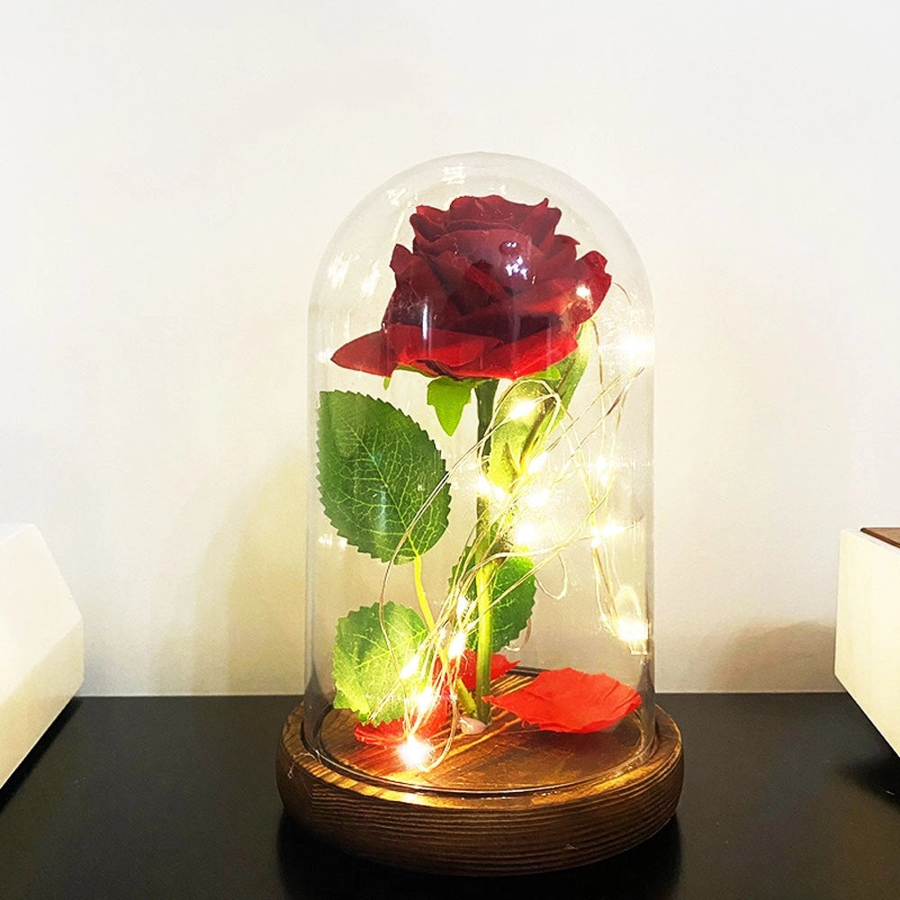 Trade Shop - Rosa Eterna Incantata La Bella E La Bestia In Cupola Con Base Legno E Luci A Led -