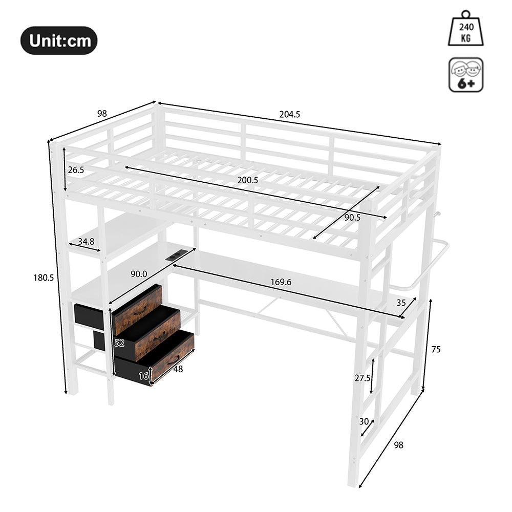 Letto a soppalco - Xylo - 90x200 cm LED 3 cassetti bianco