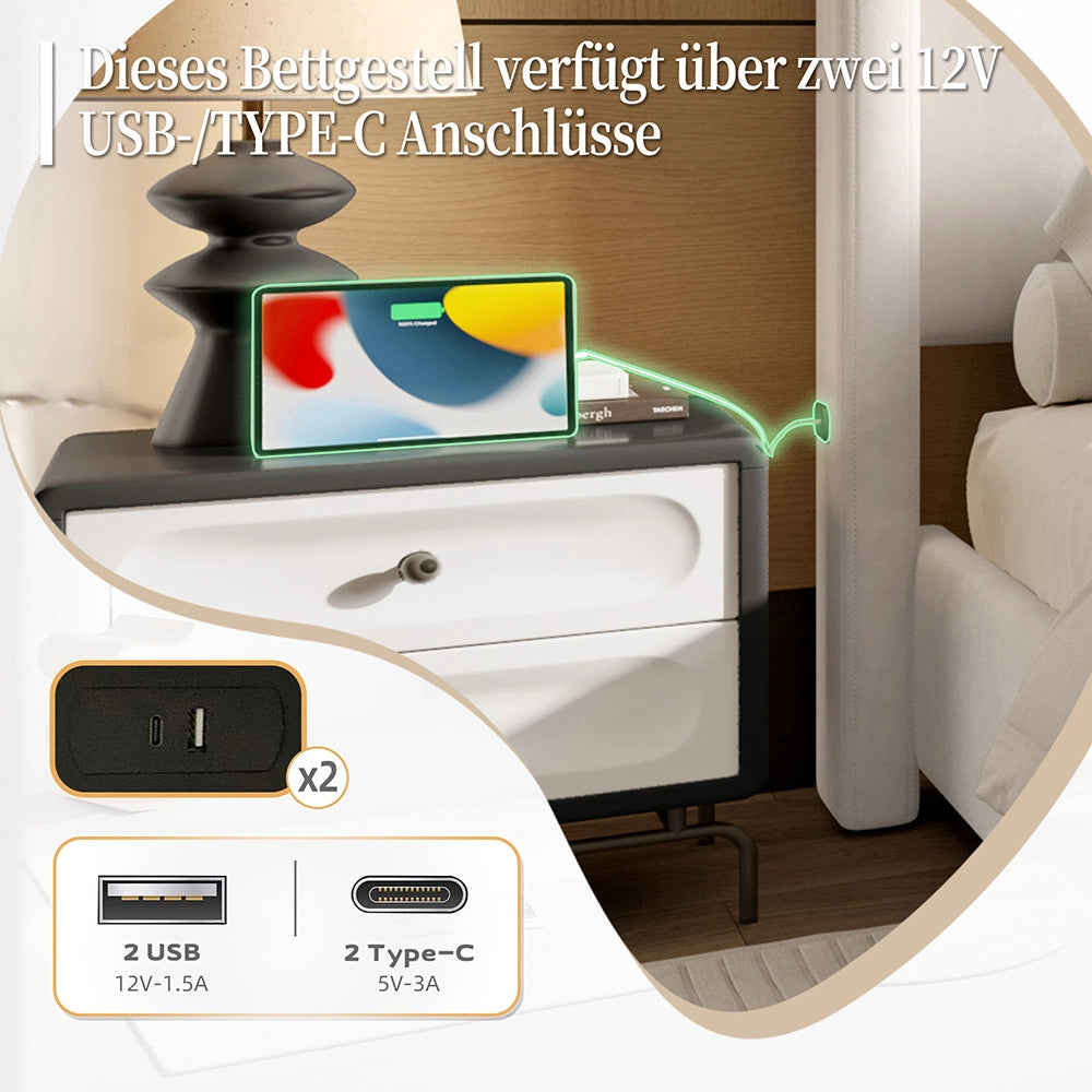 Letto-Xylo-140x200 cm-testiera alta, USB, ferro+legno, beige
